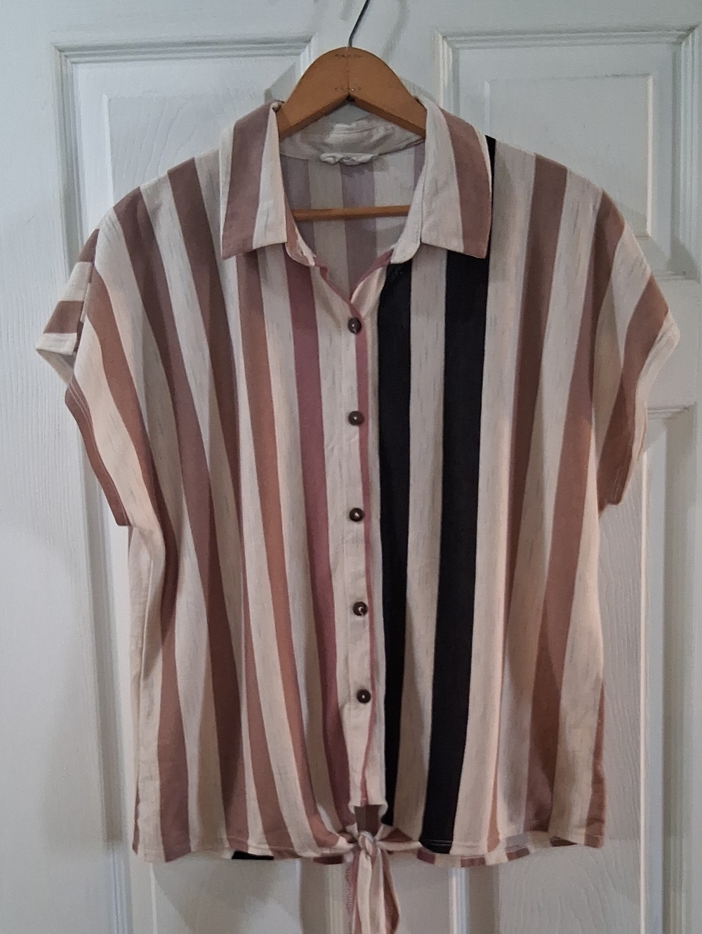 Striped Button-Down Tie-Hem Top in Blush, Cream & Black